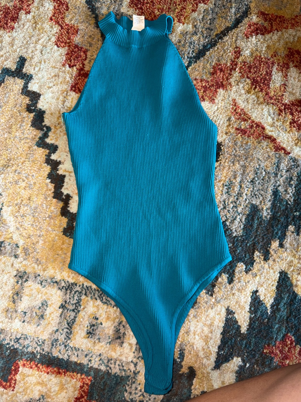 Ribbed High-Neck Teal Bodysuit